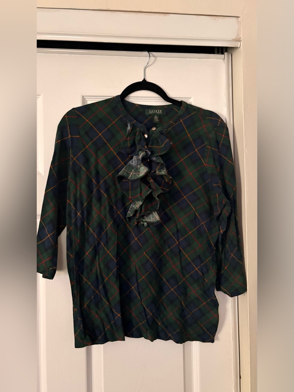 Ralph Lauren Navy and Green Plaid Ruffle-Neck Blouse